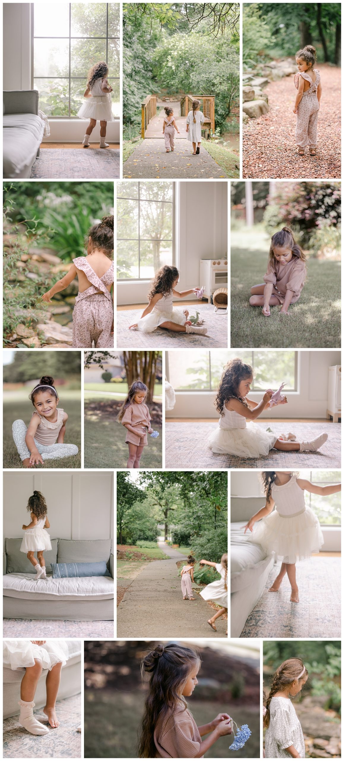 collage of two children wearing soft, neutral toned outfits from Jamie Kay in a lush garden setting and in a neutral styled home