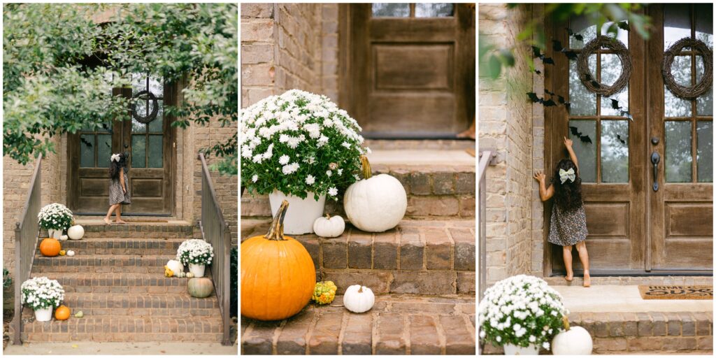 trio of images featuring weathered wood front doors and pumpkins decorating front steps from the best pumpkin patches in Auburn AL